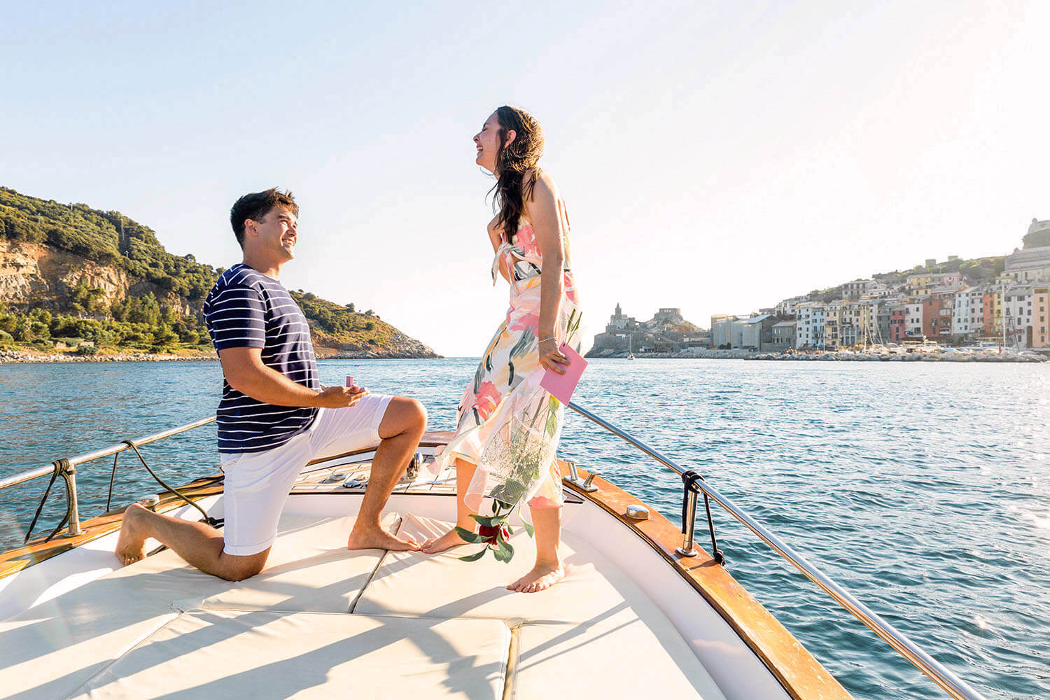 Marriage proposal on a boat in Italian Riviera, Porto Venere