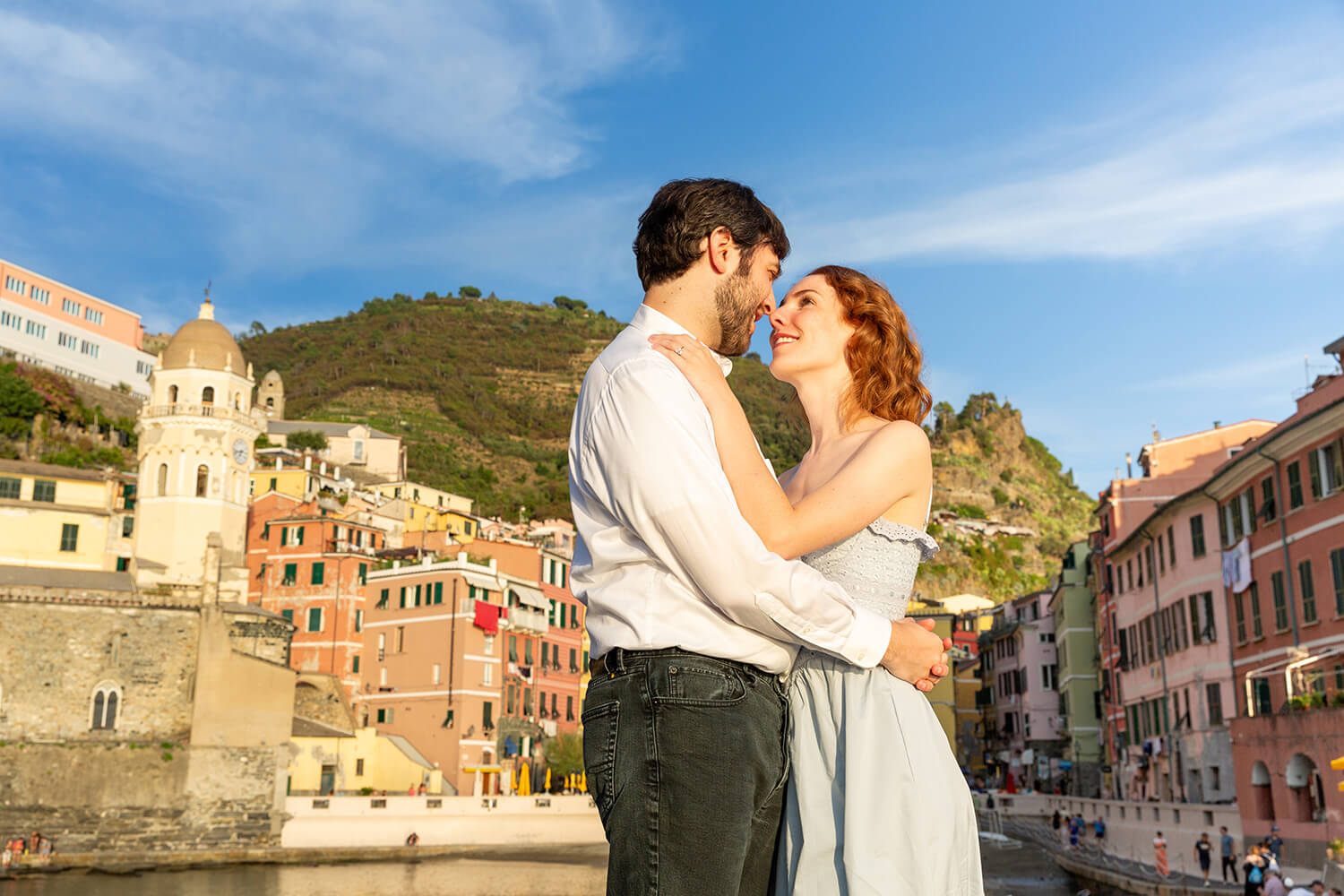 Couple in Vernazza during their engagement session in Cinque Terre after a surprise proposal